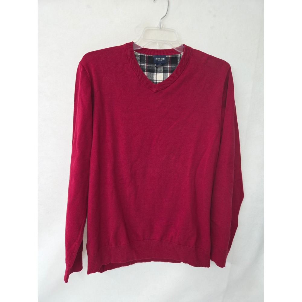 British Khaki Men XXL V-Neck Cotton Sweater Red Plaid Trim Pullover 13959 Preppy